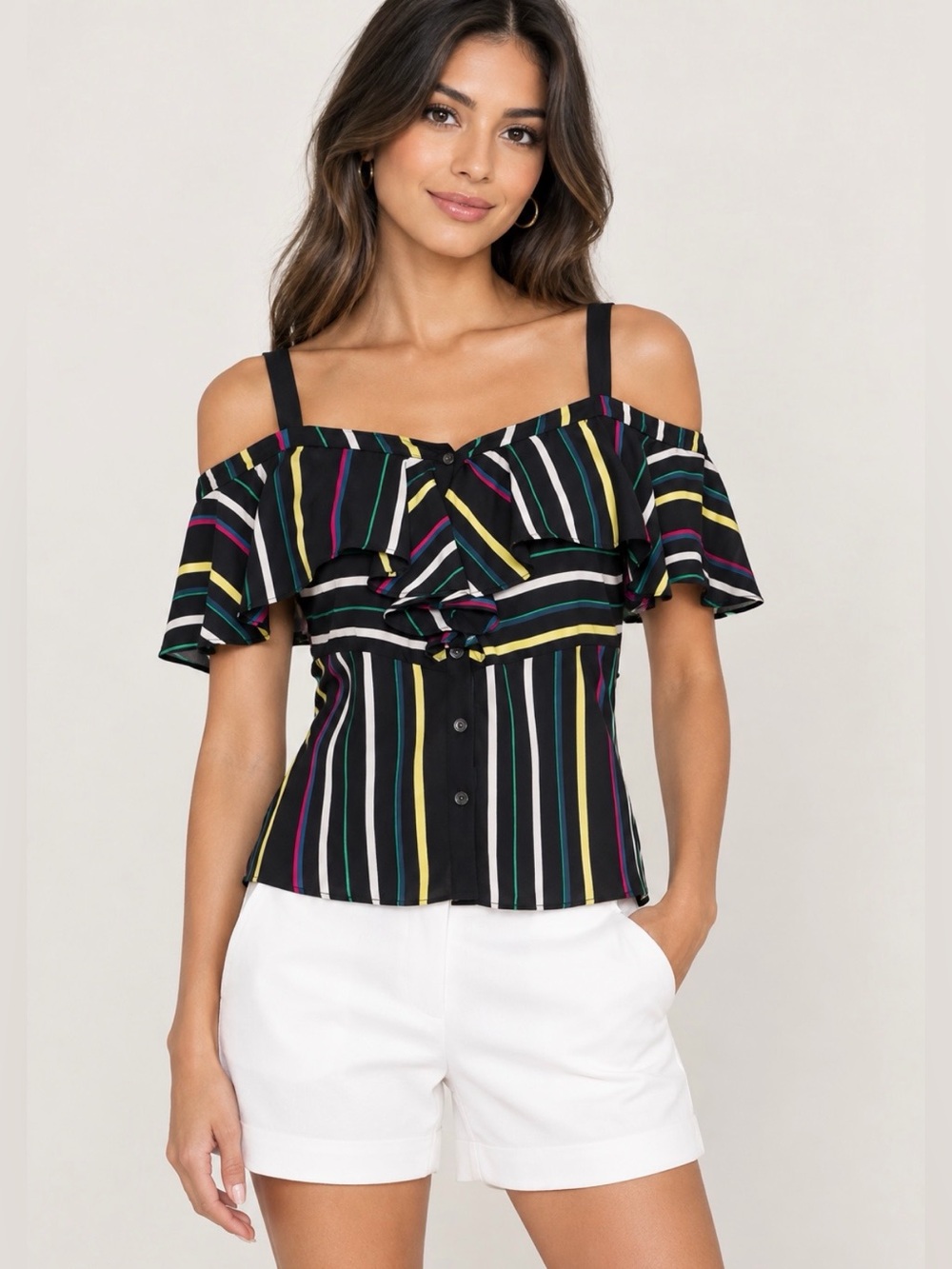 Vince Camuto Black Off-Shoulder Ruffle Blouse with Multicolor Stripes